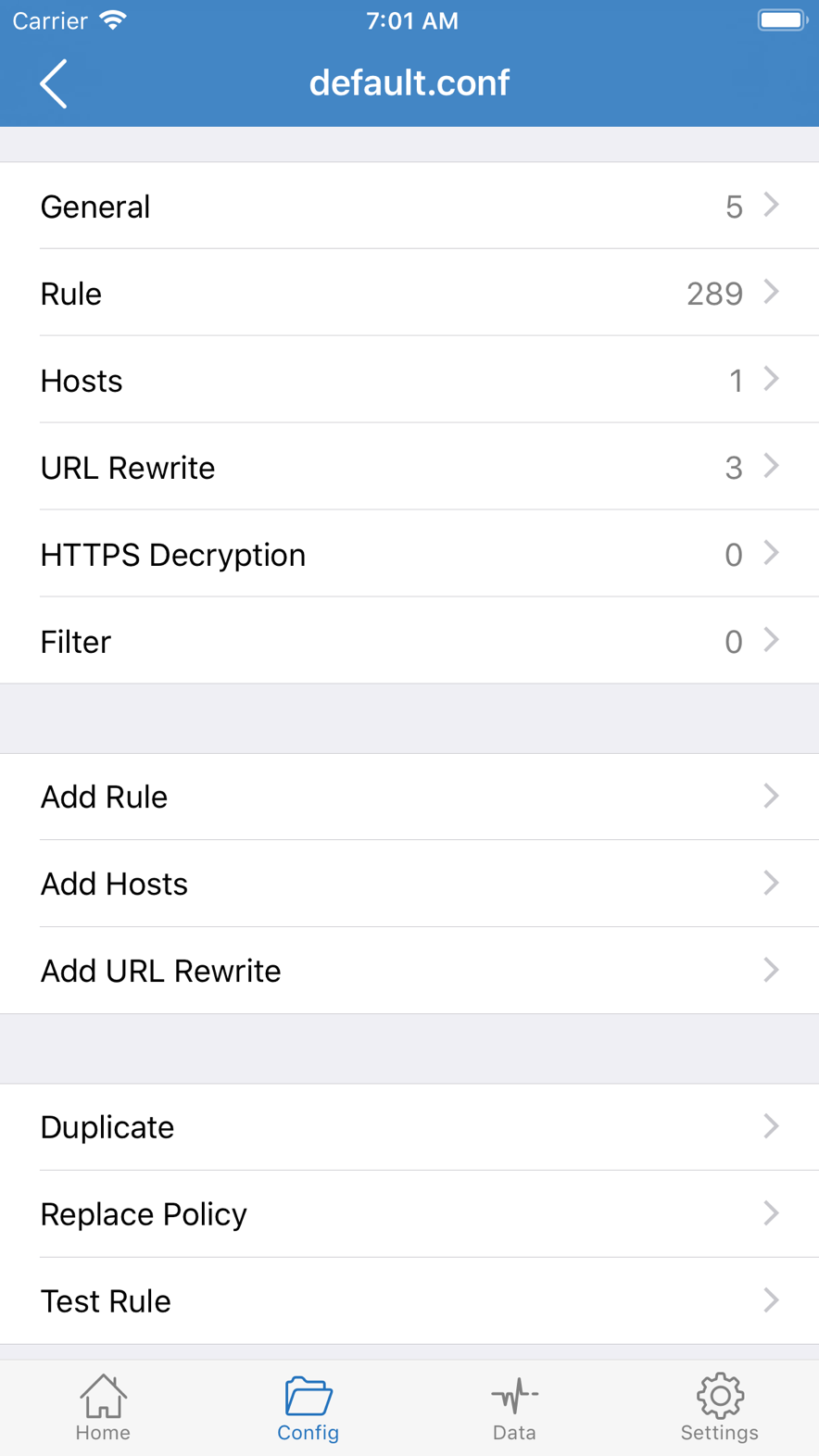 Shadowrocket config file default.conf, showing 289 rules