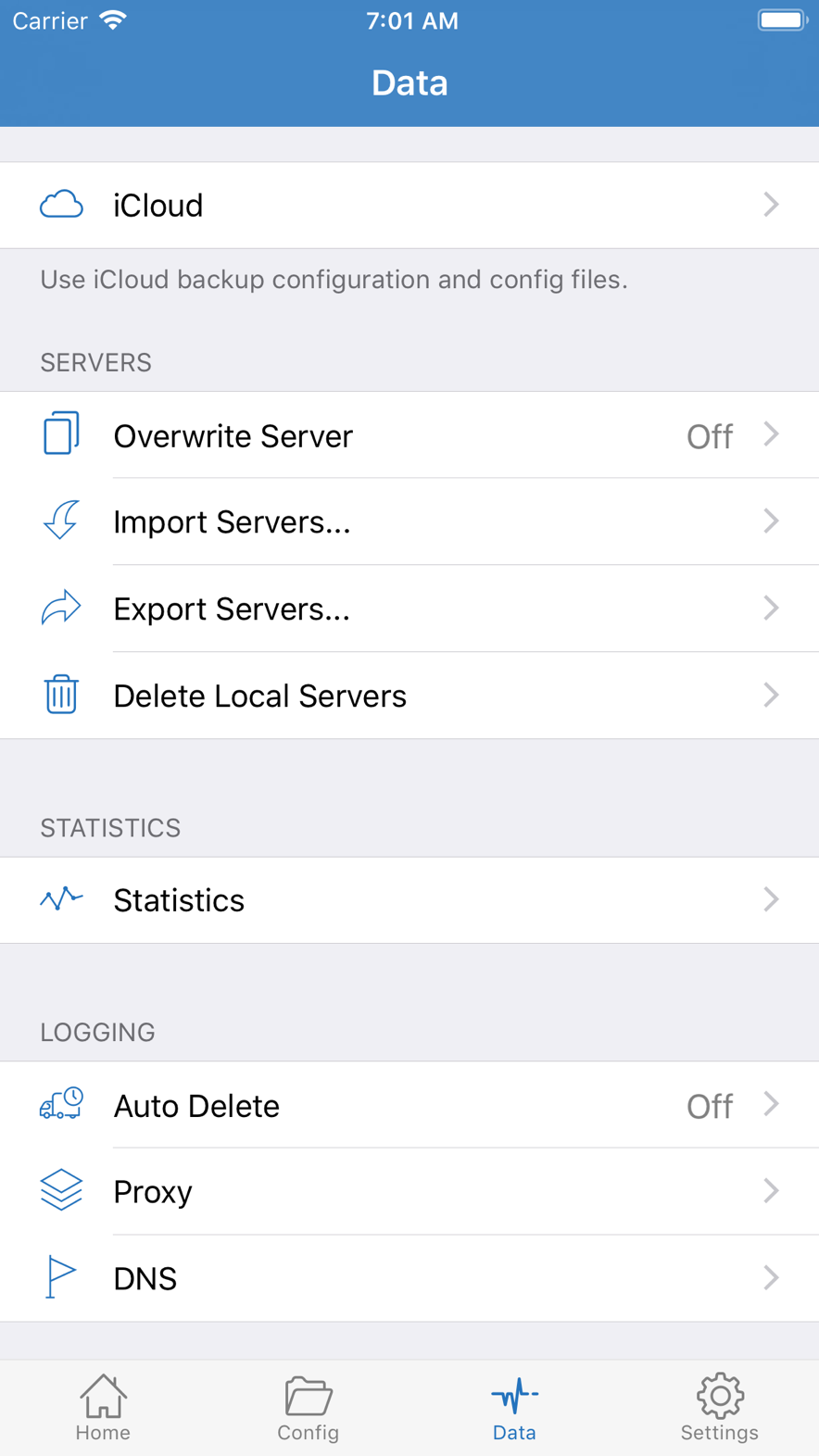 Shadowrocket の Data：バックアップ、Statistics、ログ
