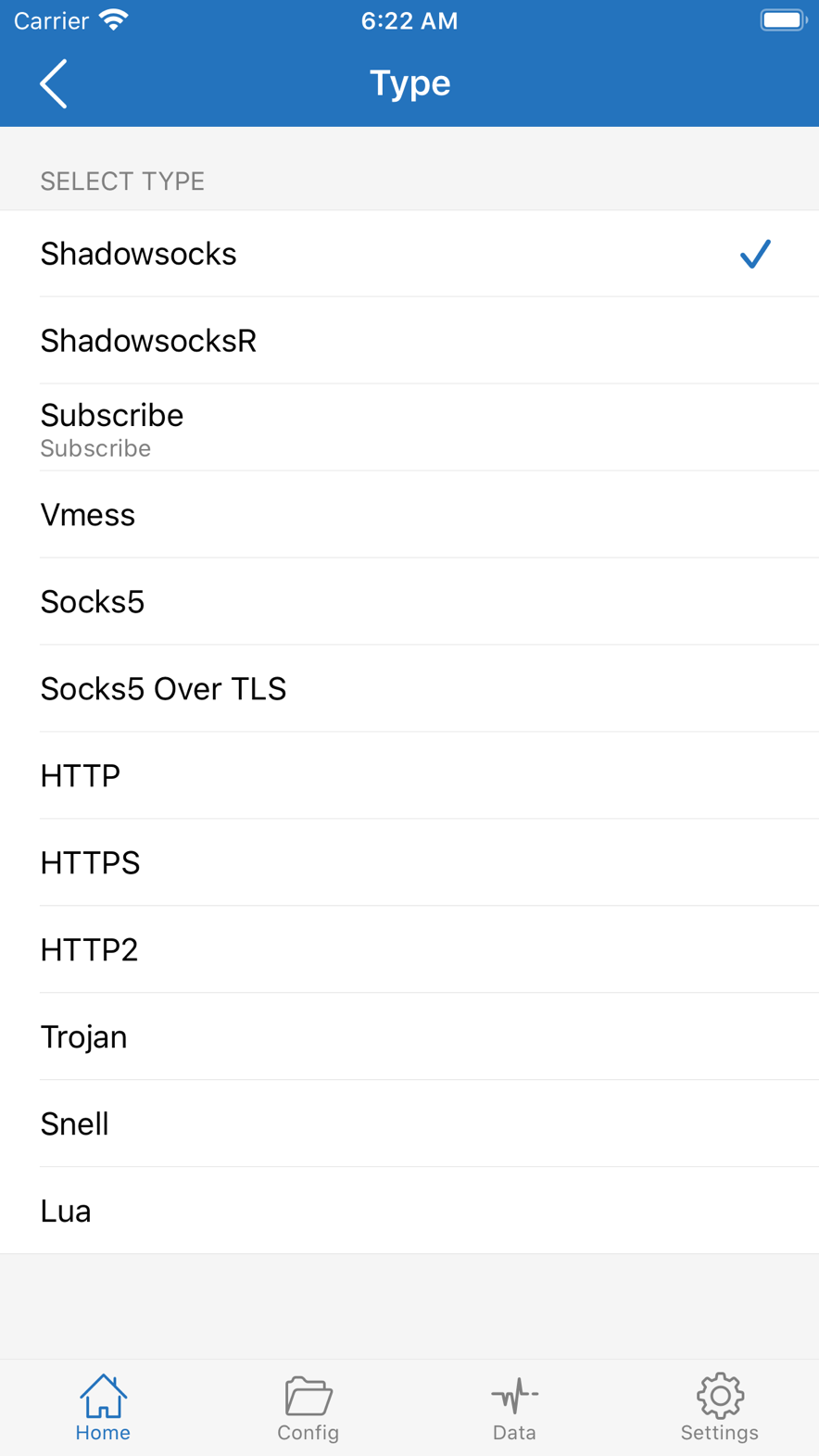 Shadowrocket Type list: Subscribe is a container; the other types are records
